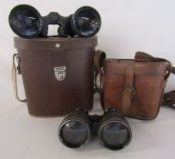 2 pairs of binoculars, small leather bound vintage pair with embossed leather carrier and