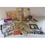 Mixed selection of items including stamp books, autographs, coins, postcards etc