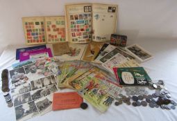 Mixed selection of items including stamp books, autographs, coins, postcards etc