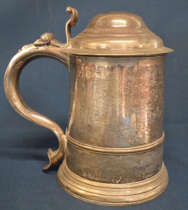 George II silver lidded ale tankard with monogram to handle ERS and later monogram JD? London1744 Ht - Image 2 of 6