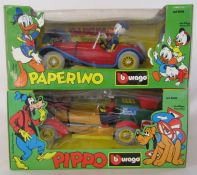 2 Burago Supercartoons Walt Disney 1:18 model cars - 8005 PIPPO Goofy - Dingo - 8006 PAPERINO Donald