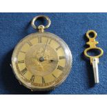 18k gold open face fob watch with engine turned decoration & key