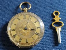 18k gold open face fob watch with engine turned decoration & key