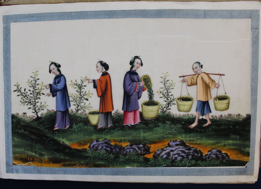 Late 19th / early 20th century album of Chinese paintings on rice paper depicting the silk making