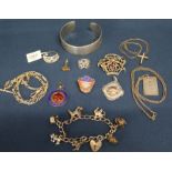 Selection of mainly silver costume jewellery including vintage charm bracelet, crucifix on chain,
