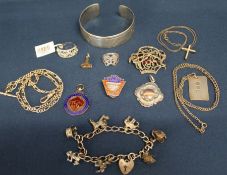 Selection of mainly silver costume jewellery including vintage charm bracelet, crucifix on chain,