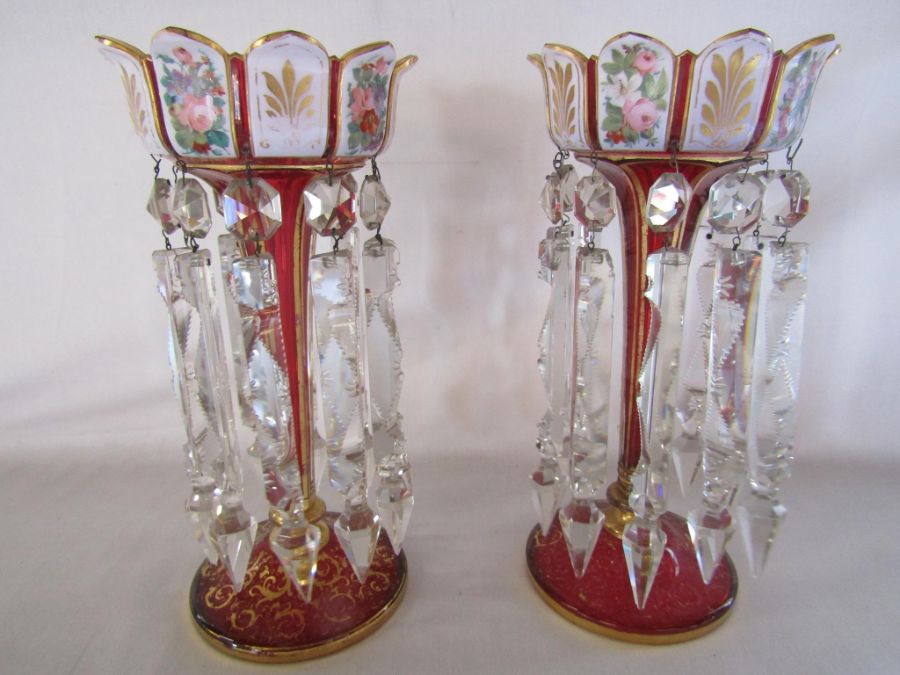 Pair of overlay cranberry lustres approx. 31cm high - gilding is worn in places, some chips to drops - Image 6 of 17
