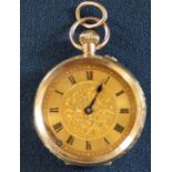 9ct gold open face top wind fob watch with engine turned face & case (hour hand loose) with engraved