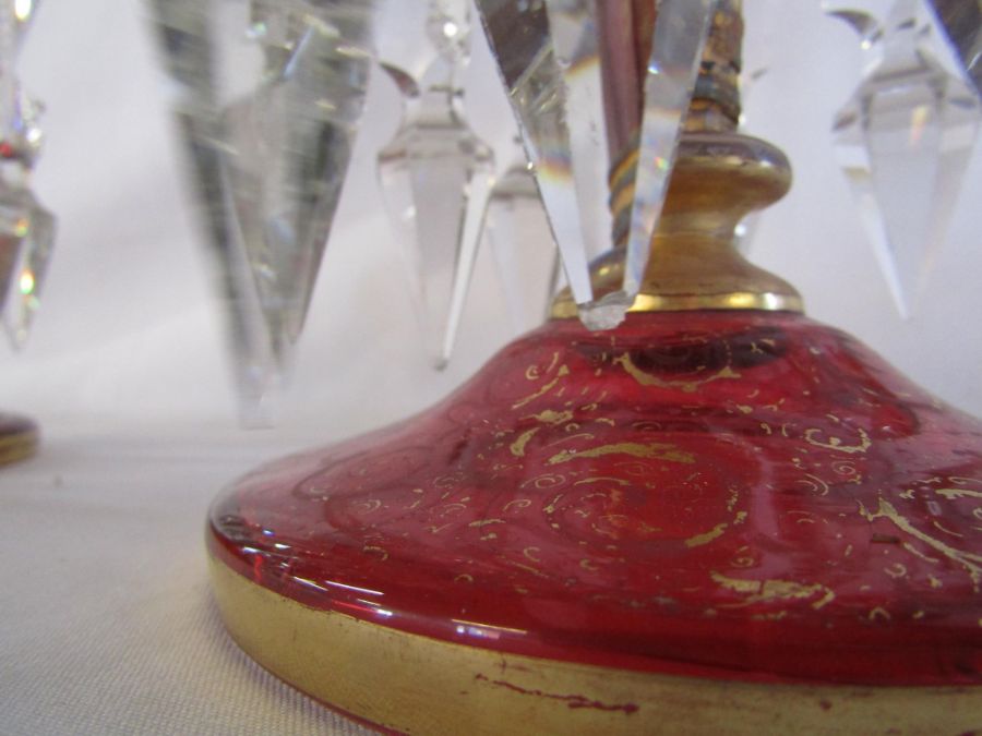 Pair of overlay cranberry lustres approx. 31cm high - gilding is worn in places, some chips to drops - Image 8 of 17