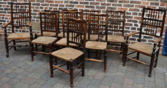 Near set of 10 (inc 2 carvers) 19th century rush seated spindle back dining chairs