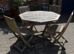 Folding wooden garden table & 4 chairs (one with broken back support)
