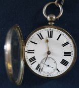 19th century silver cased open face pocket watch on heavy silver Albert chain with dog clip & T bar,