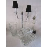 Collection of glass items includes a 2 piece fruit bowl, table lamp (has snapped at top of point),