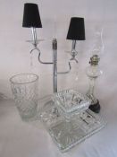 Collection of glass items includes a 2 piece fruit bowl, table lamp (has snapped at top of point),