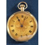 9ct gold open face top wind fob watch with engine turned swan decoration to face & floral engraved