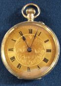 9ct gold open face top wind fob watch with engine turned swan decoration to face & floral engraved