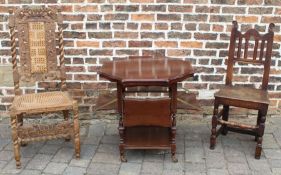 Oak hall chair, cane seated chair & mahogany occasional table (one pull down shelf missing peg)