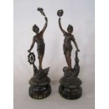 Pair of spelter figurines - sailor and blacksmith on wooden plinth approx. 33cm tall