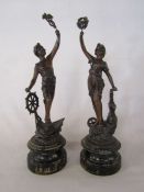 Pair of spelter figurines - sailor and blacksmith on wooden plinth approx. 33cm tall