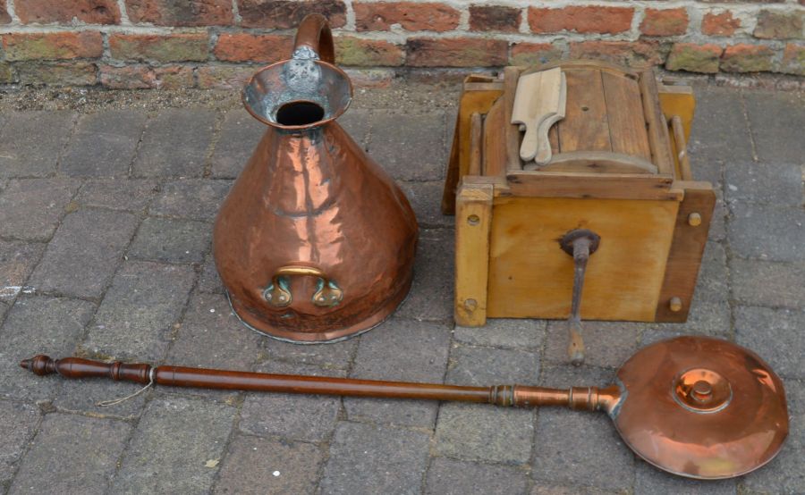 Butter churn (some woodworm) with pats, large copper jug & a warming pan