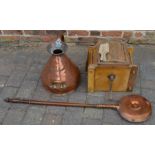 Butter churn (some woodworm) with pats, large copper jug & a warming pan