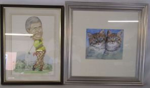 Caricature watercolour painting of a golfer signed Jerome 1991 and watercolour and gouache