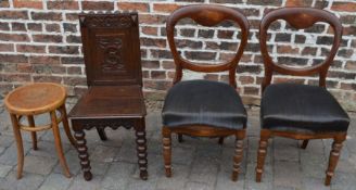 Pair of Victorian balloon back chairs, Victorian oak hall chair, & a bentwood stool