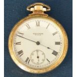 Waltham gold plated pocket watch in an engraved case