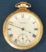 Waltham gold plated pocket watch in an engraved case