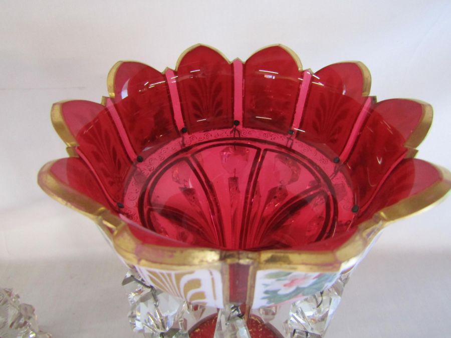 Pair of overlay cranberry lustres approx. 31cm high - gilding is worn in places, some chips to drops - Image 12 of 17