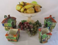 Ducal Crown Ware dish filled with plastic fruit and Ye Olde Inne part tea set