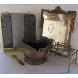 Fire screen, copper coal bucket (damage to base) and tongs, brass trivet and Emessco wall mirror