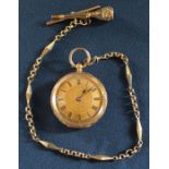 14ct gold open face key wind fob watch with engine turned face & case and T bar chain & key fob