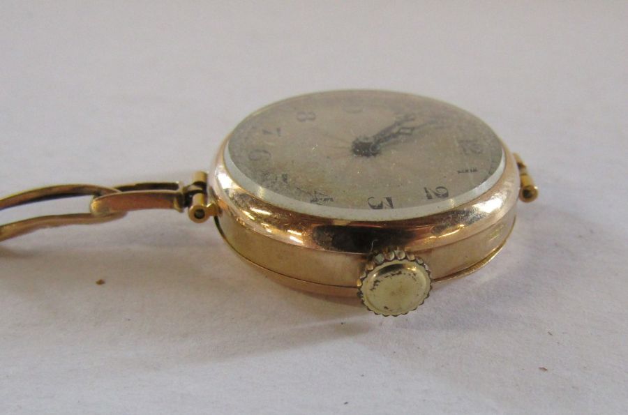 9ct gold ladies watch (broken strap), elastic bracelet also marked 9ct to centre links total - Image 3 of 8