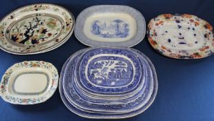 Selection of meat plates including graduated Willow pattern