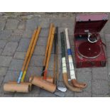Harrods portable gramophone, vintage croquet mallets, two golf clubs & hockey sticks