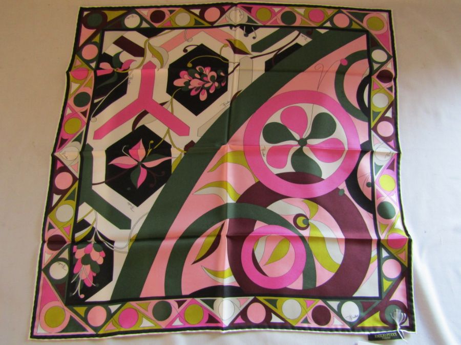 Small Emilio Pucci small silk scarf with shades of pink, green, gold and burgundy and a large - Image 2 of 8