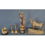 Falstaff silver plated duck money box, pair of miniature barley twist brass candlesticks, spelter