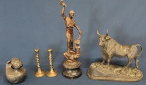 Falstaff silver plated duck money box, pair of miniature barley twist brass candlesticks, spelter