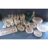 Collection of glassware including Green water jug and glasses, ashtrays, Julia crystal decanter,