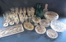Collection of glassware including Green water jug and glasses, ashtrays, Julia crystal decanter,