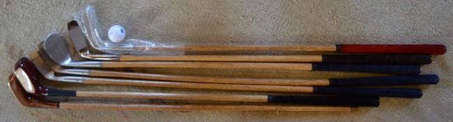 Set of 7 T Stewart of St Andrews replica vintage golf clubs with hickory shafts in as new and unused