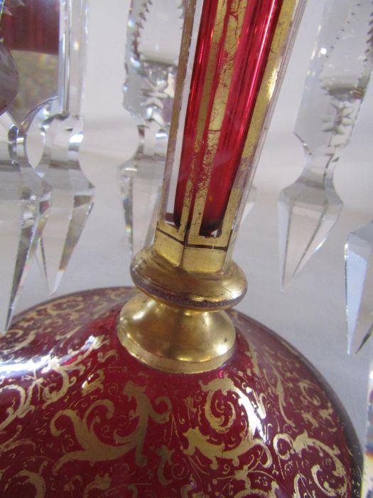 Pair of overlay cranberry lustres approx. 31cm high - gilding is worn in places, some chips to drops - Image 17 of 17