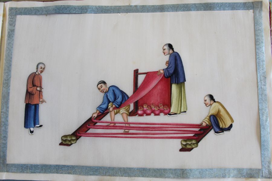 Late 19th / early 20th century album of Chinese paintings on rice paper depicting the silk making - Image 9 of 23