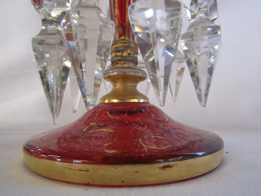 Pair of overlay cranberry lustres approx. 31cm high - gilding is worn in places, some chips to drops - Image 10 of 17