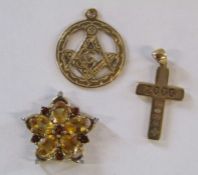 3 pendants - 9k QVC set with citrine, 9ct gold with Masonic design and 9ct gold cross Greenwich