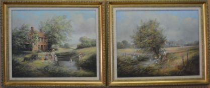 Pair of Ted Dyer oil on canvas scenes of children by a stream frame size 61cm by 51cm
