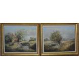 Pair of Ted Dyer oil on canvas scenes of children by a stream frame size 61cm by 51cm