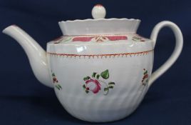 18th century pearlware teapot & cover with pink / puce floral spray decoration 15.5cm high