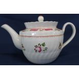 18th century pearlware teapot & cover with pink / puce floral spray decoration 15.5cm high